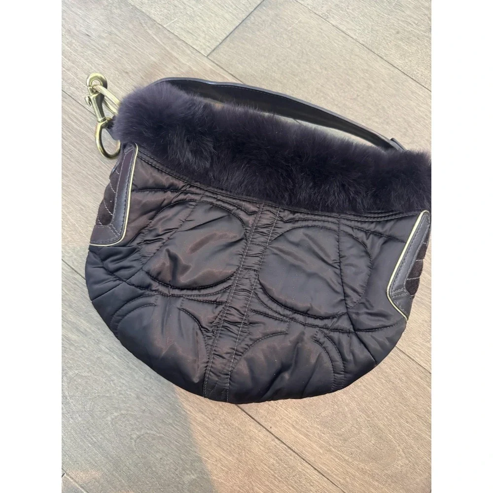 Coach Hobo Bag Womens Medium Brown Quilted Nylon Fur Trim Suede Leather Shoulder